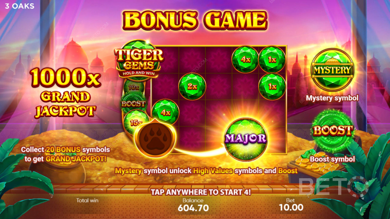 Bonusfunksjoner forklart i Tiger Gems av 3 Oaks Gaming