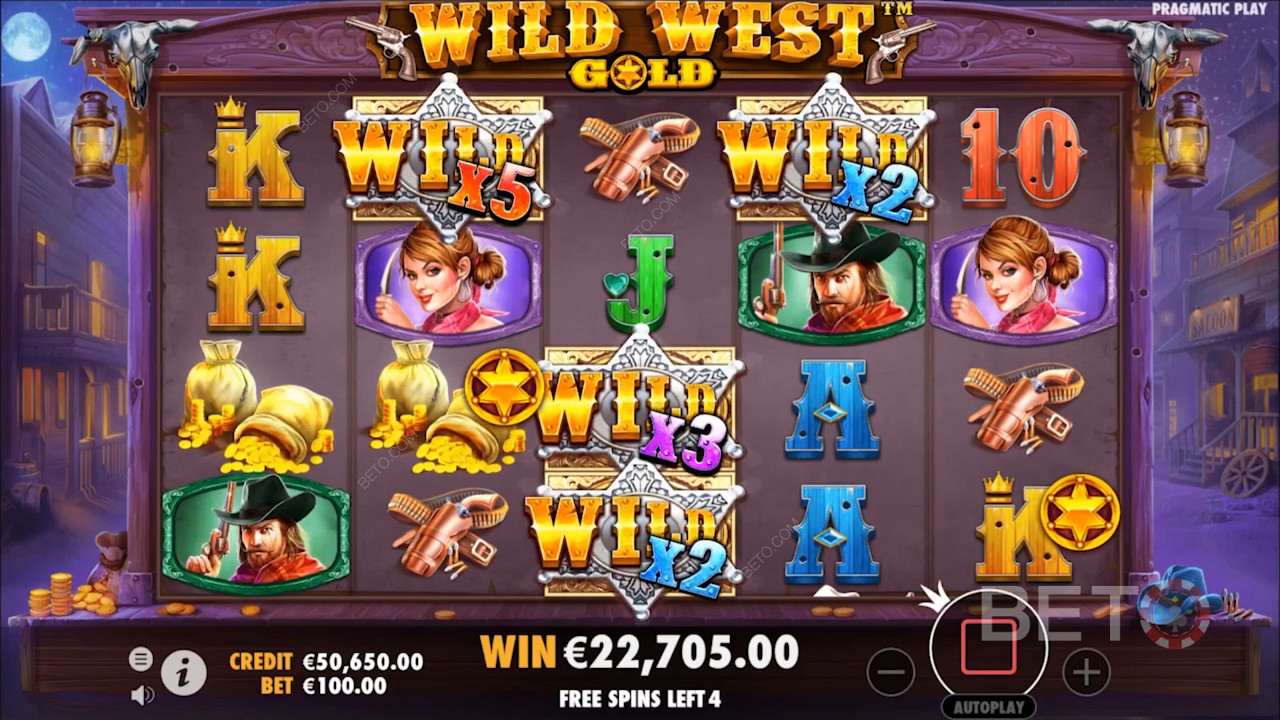 Wild-symbolene i spilleautomaten Wild West Gold har multiplikatorer