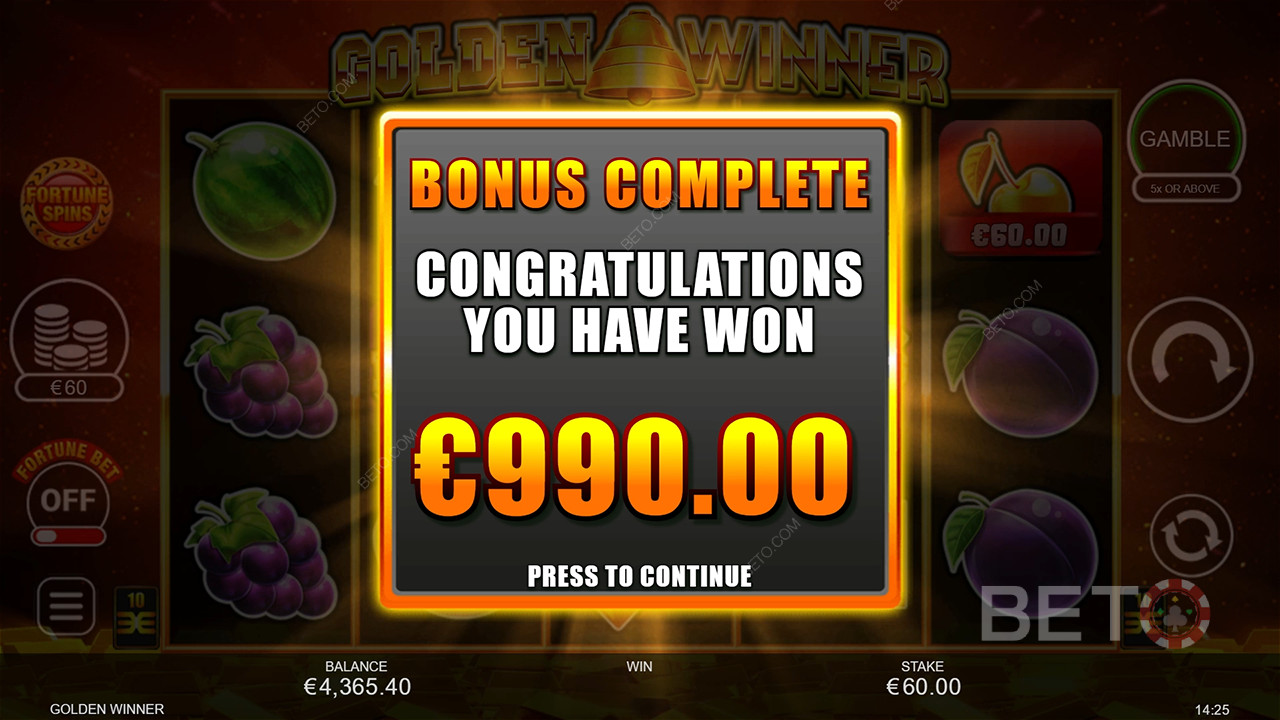 Vinn 2 500 ganger innsatsen din i spilleautomaten Golden Winner!