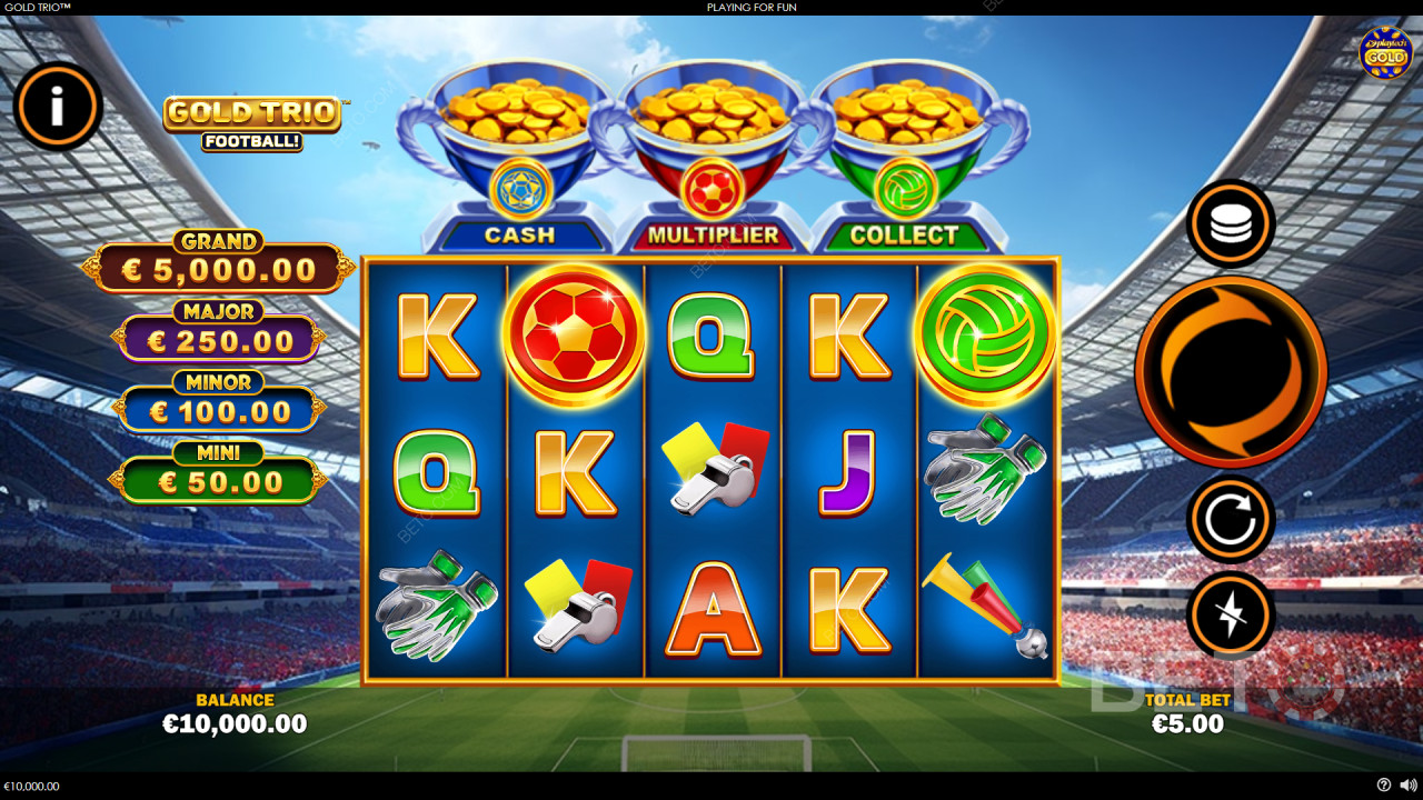 Vinn 1000 ganger innsatsen din i Gold Trio: Fotball! Video Slot!
