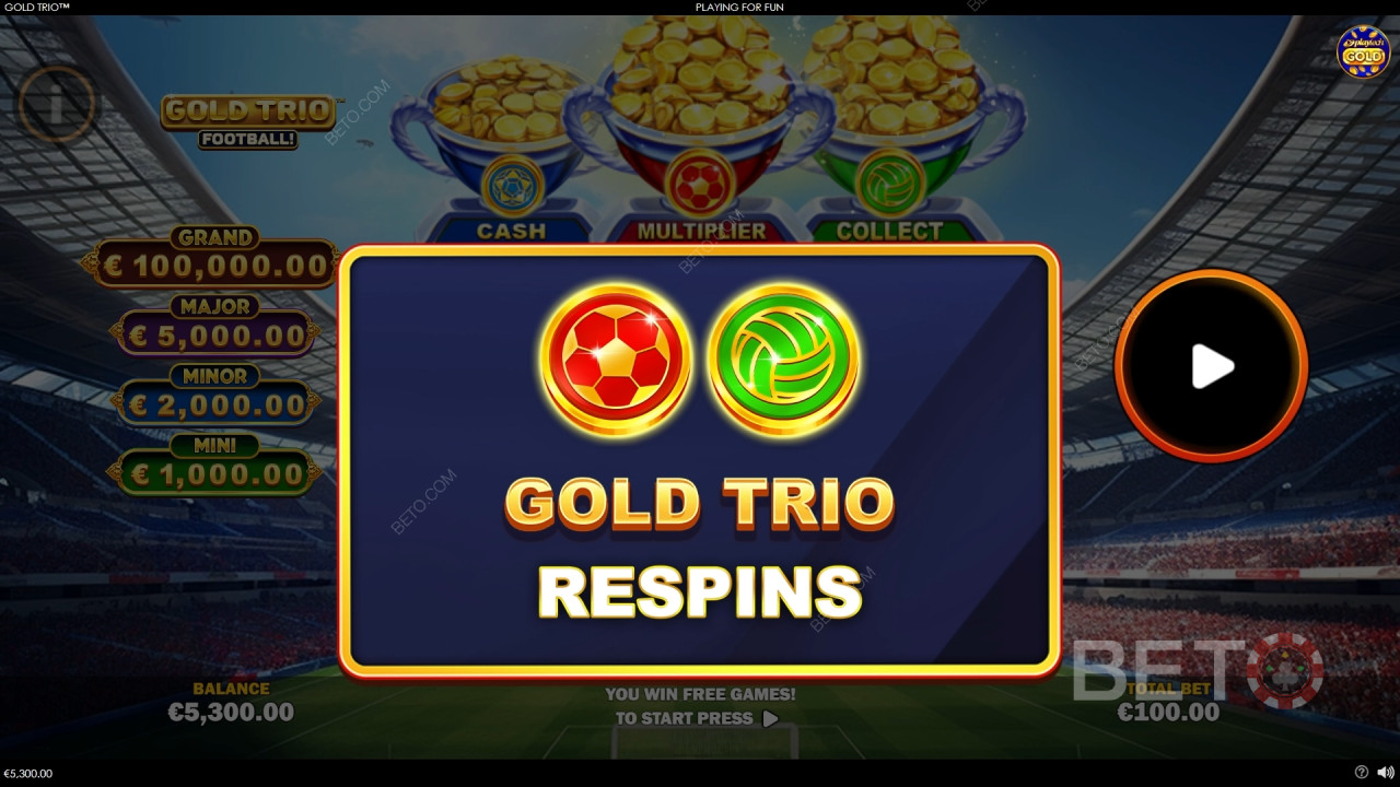 Bonusfunksjoner forklart i Gold Trio: Football! av Playtech
