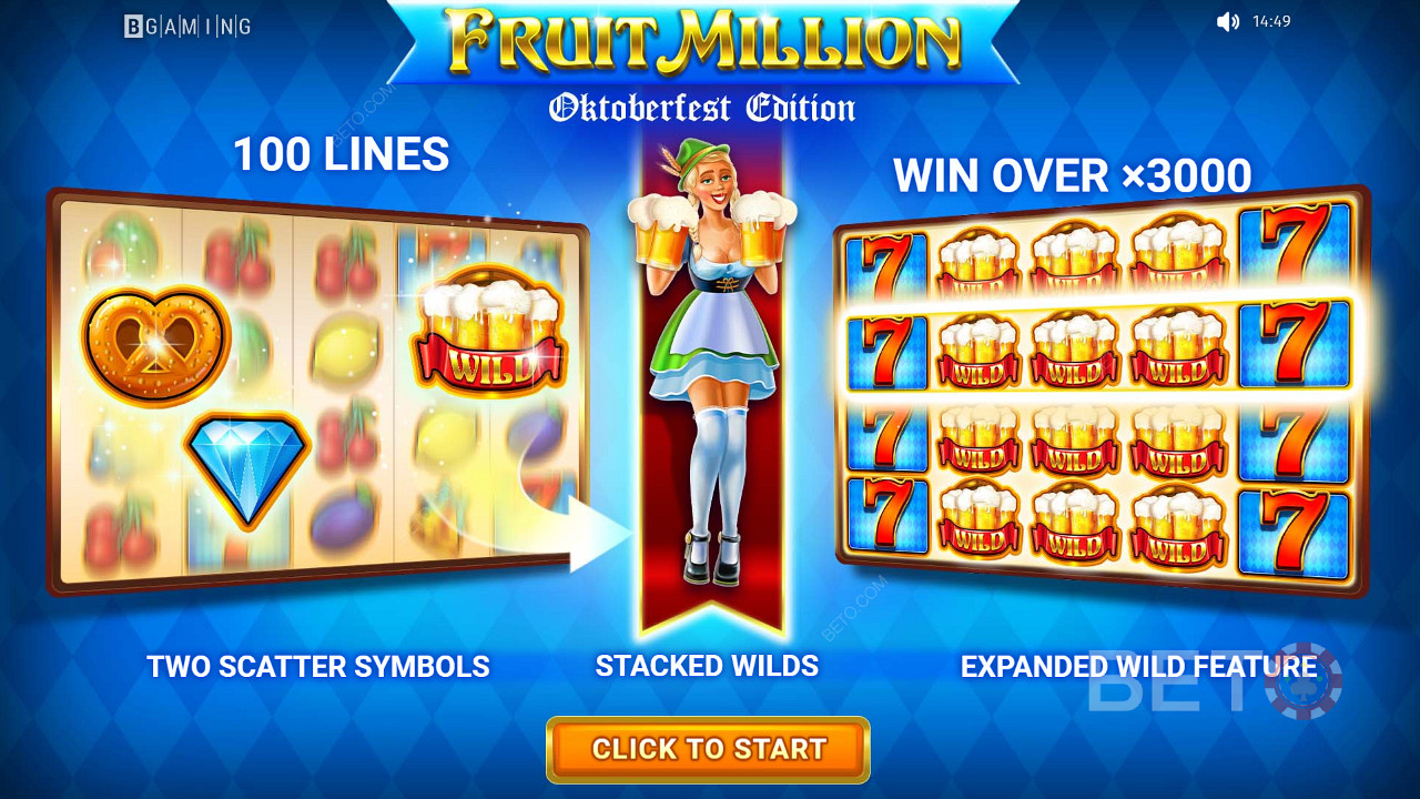 Spill over en spilleautomat med 100 linjer og vinn opptil 3000 ganger innsatsen din i Fruit Million