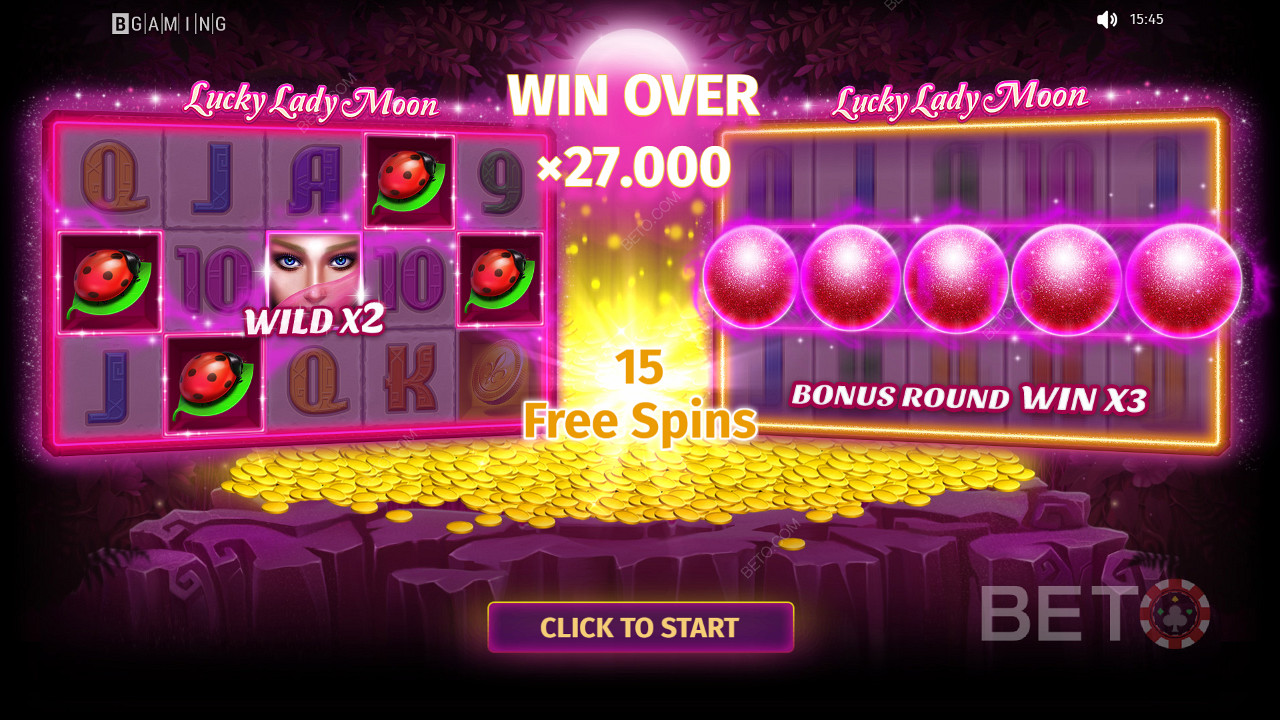 Fortsett å spille for å vinne premier, verdt opptil 27 000 ganger innsatsen i Lucky Lady Moon -automaten