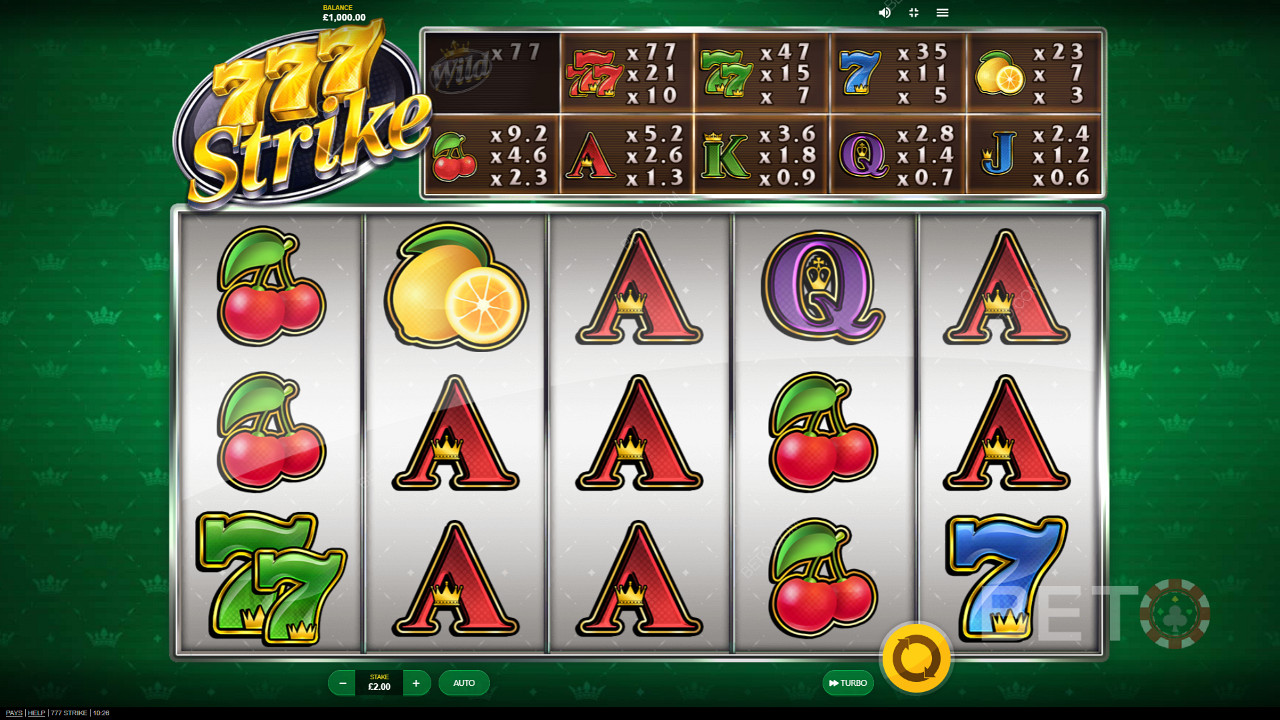 Fruktsymboler med retro-tema i spilleautomaten 777 Strike