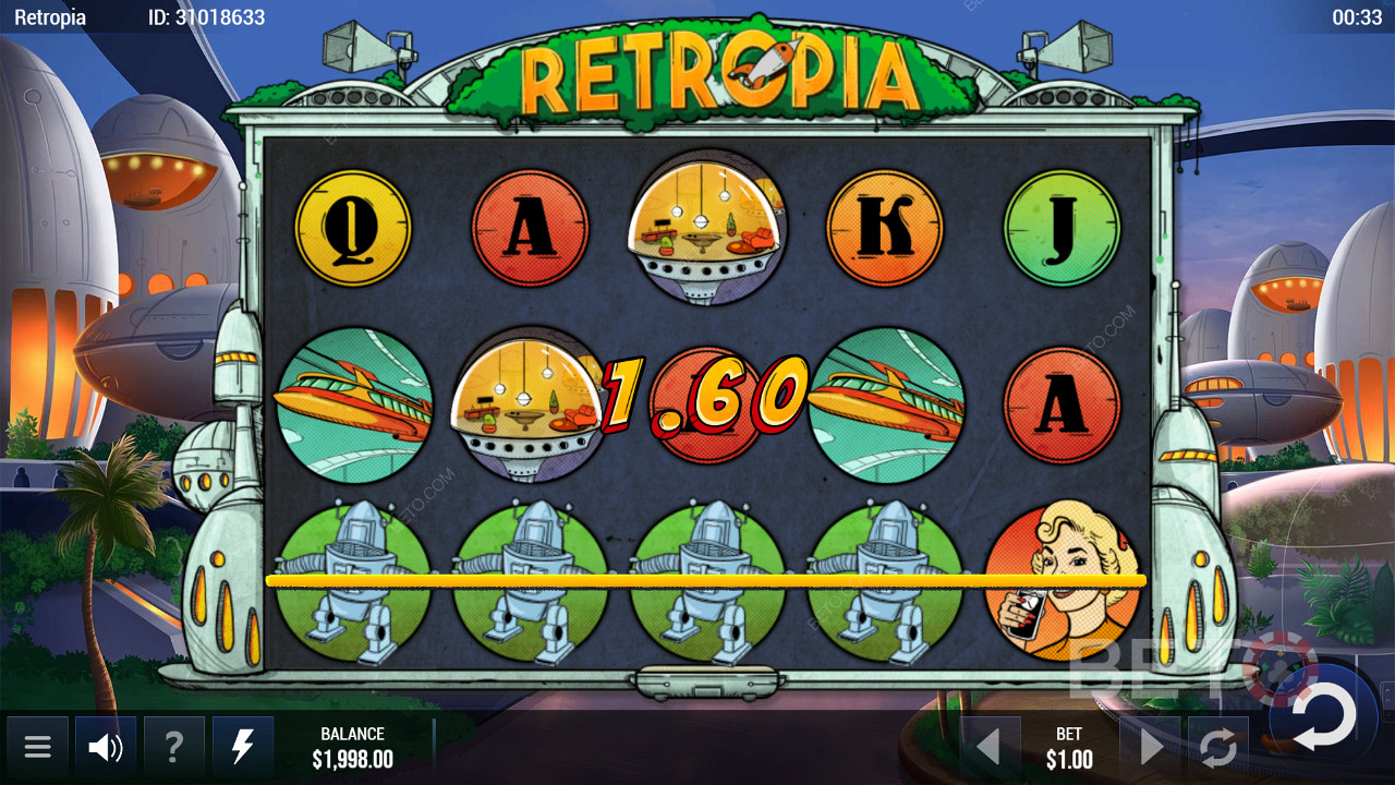 Dra nytte av 25 gevinstlinjer og få enkle gevinster i Retropia spilleautomat