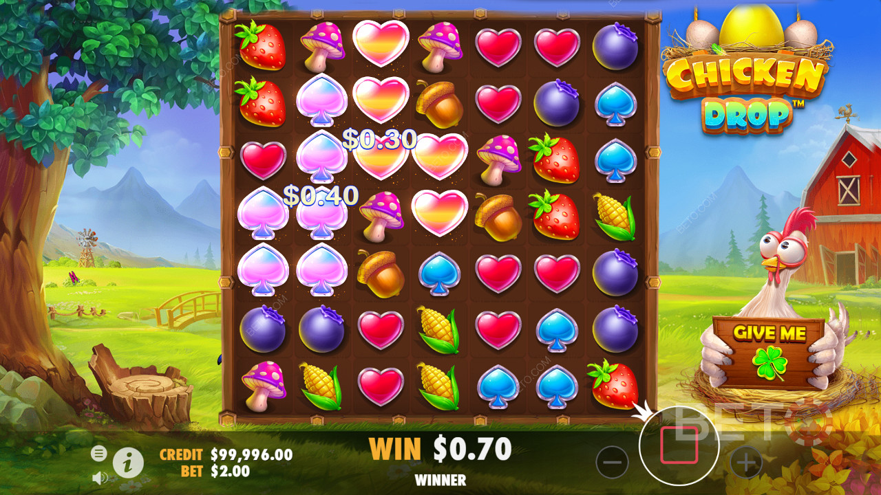 Land symboler i klynger og få gevinster i Chicken Drop online spilleautomat