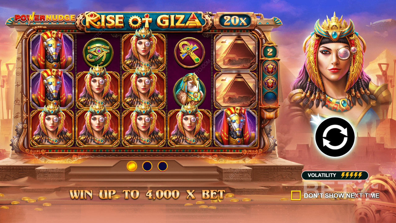 Vinn opptil 4000x av innsatsen din i Rise of Giza PowerNudge online spilleautomat
