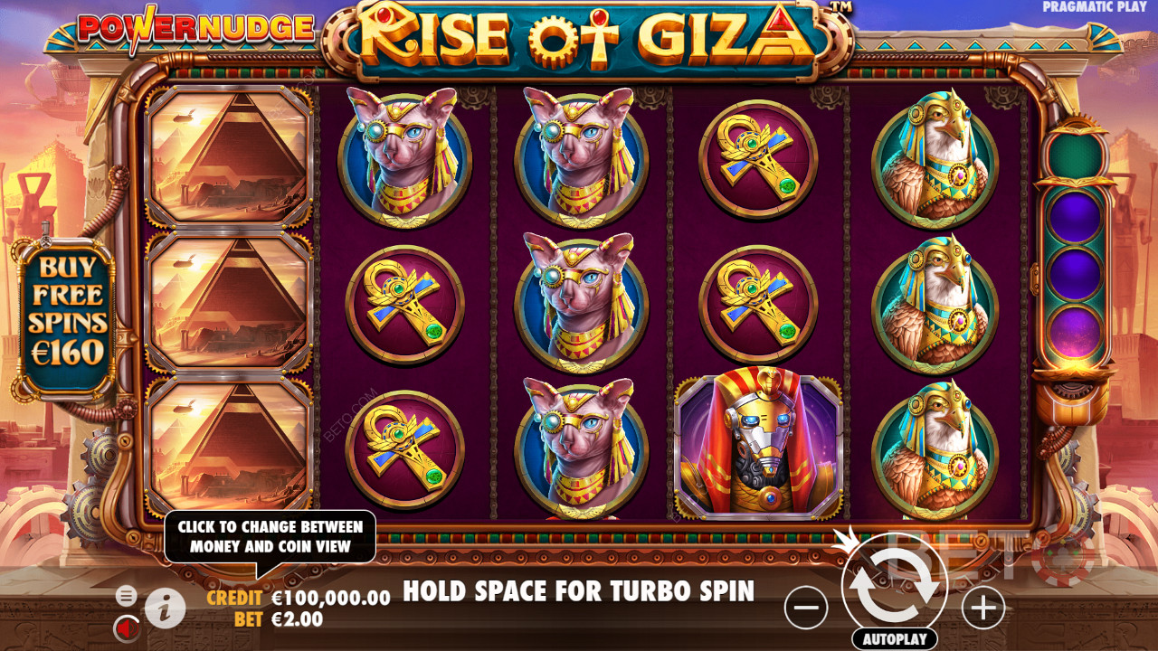 Betal 80x av innsatsen din og kjøp gratisspinn i spilleautomaten Rise of Giza PowerNudge
