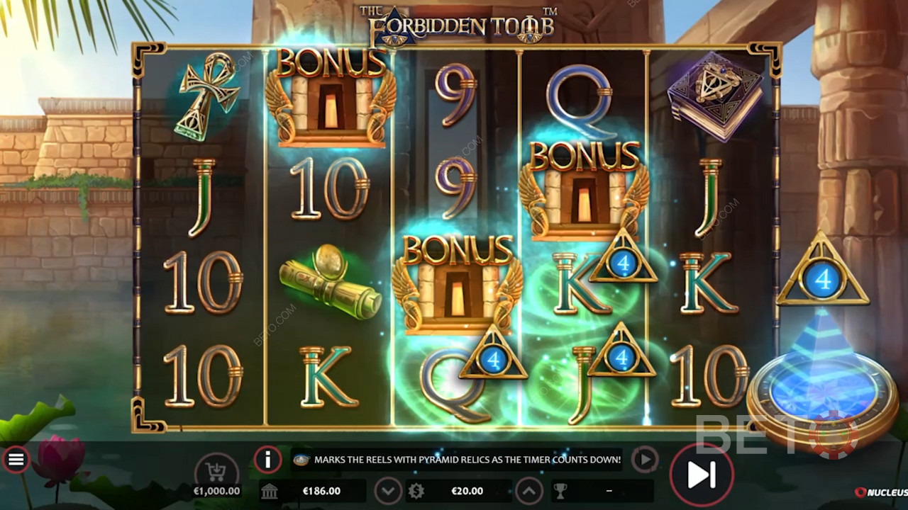 Utløs gratisspinn med 5 til 10 Wilds i The Forbidden Tomb video game by Nucleus Gaming