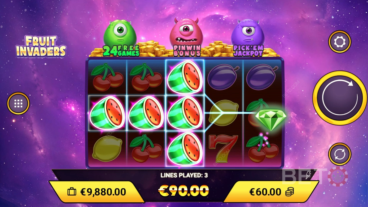 Vinn 1 200 ganger innsatsen din i Fruit Invaders spilleautomat på nett!