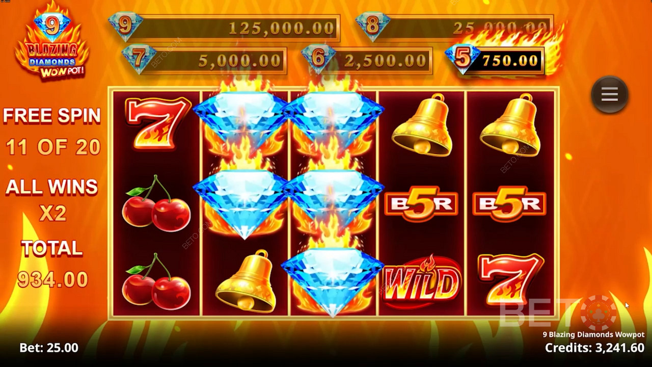Discover spennende gratisspinnbonuser og pengepremier i spilleautomaten 9 Blazing Diamonds Wowpot