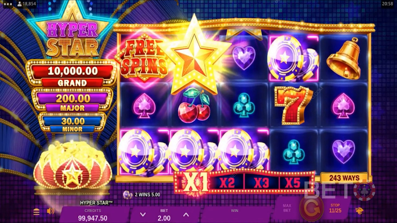 De 3 jackpotpremiene vises på venstre side av skjermen under spillingen
