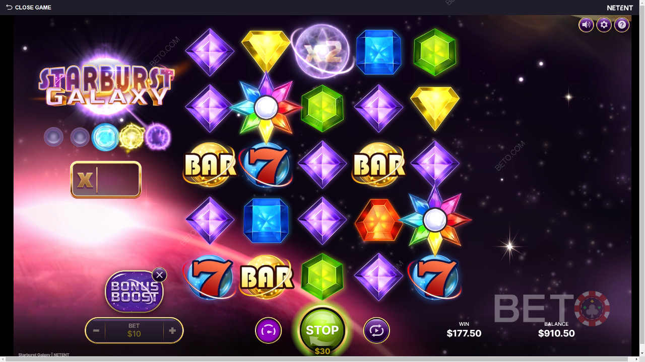 Vinn 25 000 ganger innsatsen din i spilleautomaten Starburst Galaxy!