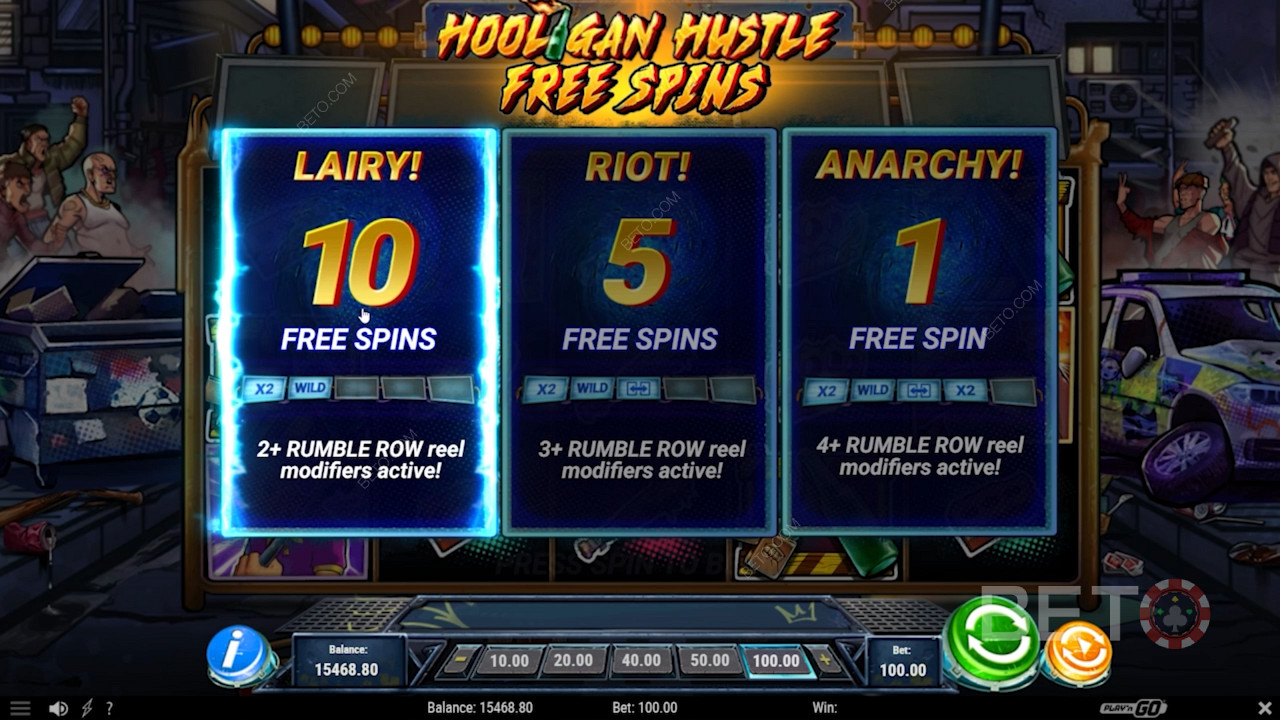 Velg type gratisspinn i spilleautomaten Hooligan Hustle
