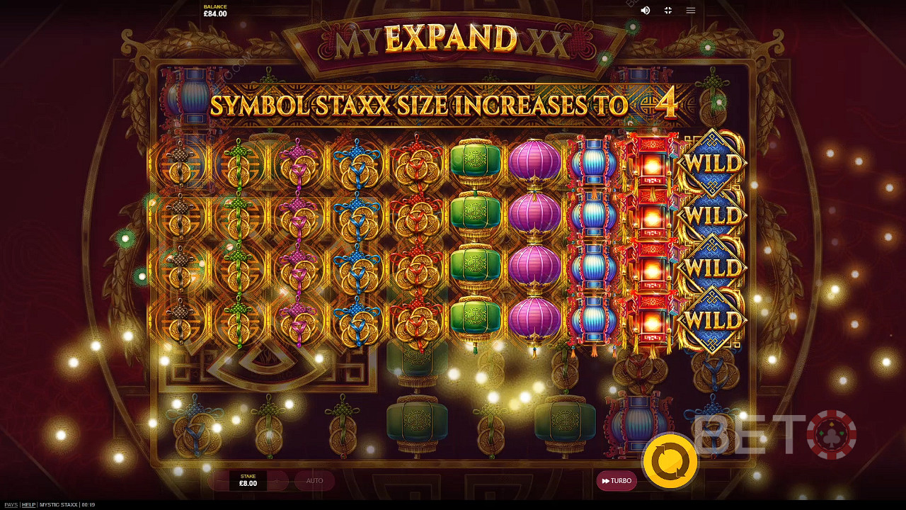 Et enkelt spinn med utvidede symboler kan gi deg store gevinster i spilleautomaten Mystic Staxx.