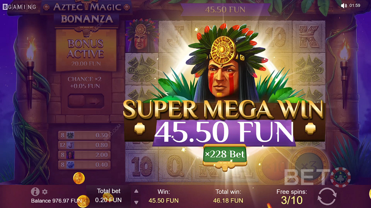 Få store gevinster i gratisspinn-funksjonen i spilleautomaten Aztec Magic Bonanza