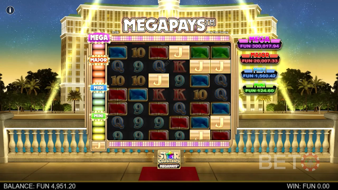 Land minst 4 forekomster av Megapays-symbolet for å vinne i Star Clusters Megapays-spilleautomaten.