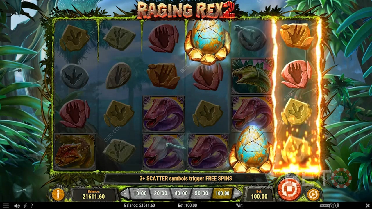 Det kreves minst 3 utløsende scattere for å utløse gratisspinn i Raging Rex 2-spilleautomaten.