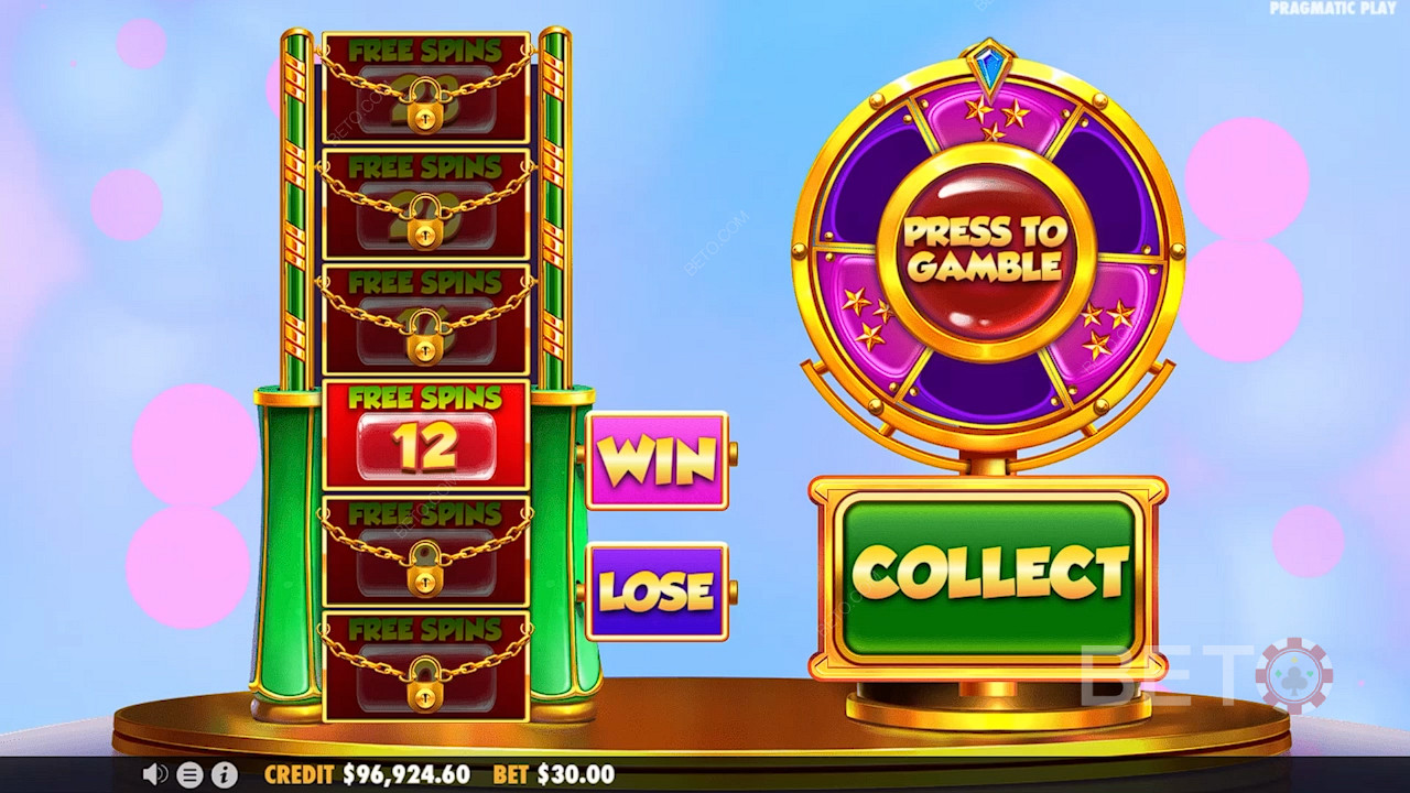 Spinn hjulet i Gamble-funksjonen for å låse opp bonus gratisspinn