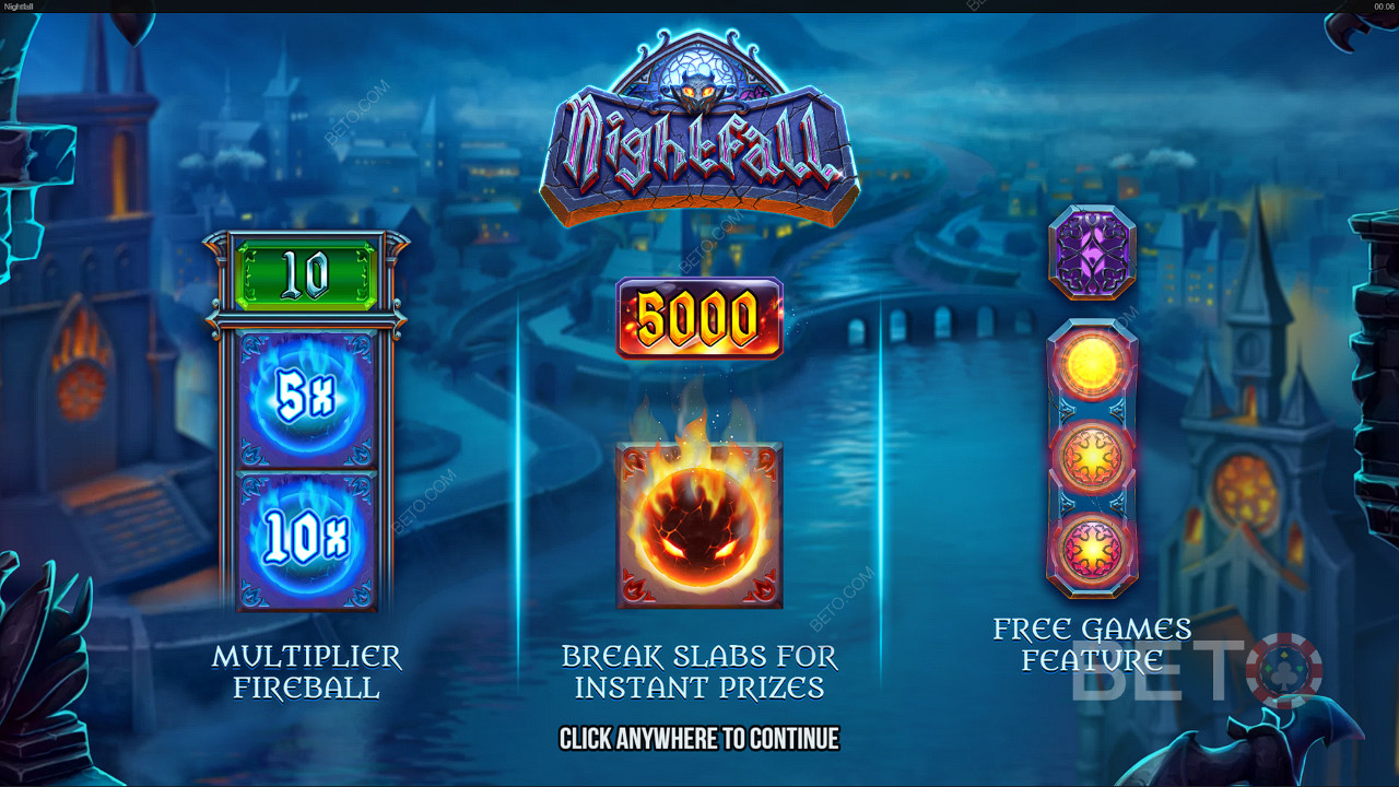 Nyt utrolige funksjoner som Multiplier Fireballs og Free Spins i Nightfall-spilleautomaten.