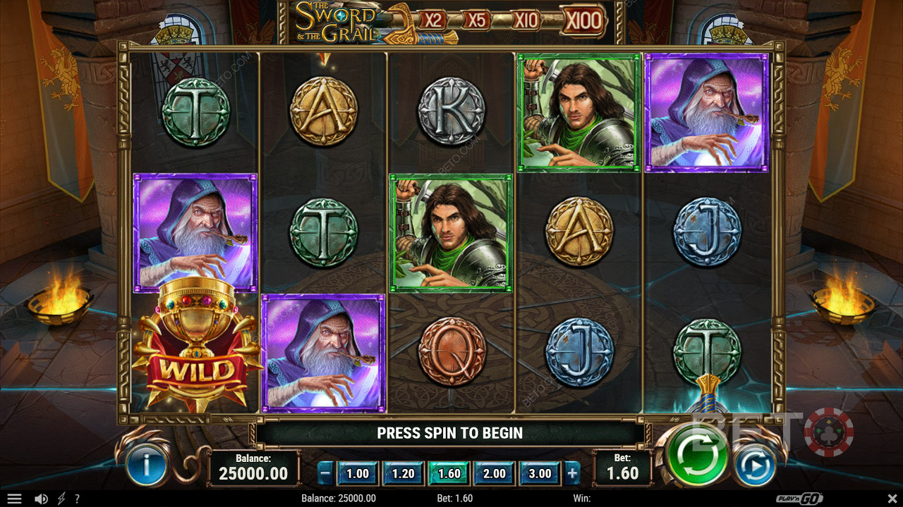 Wild-symbolet kan dukke opp med en multiplikator på opptil 100x i The Sword and The Grail-spilleautomaten.