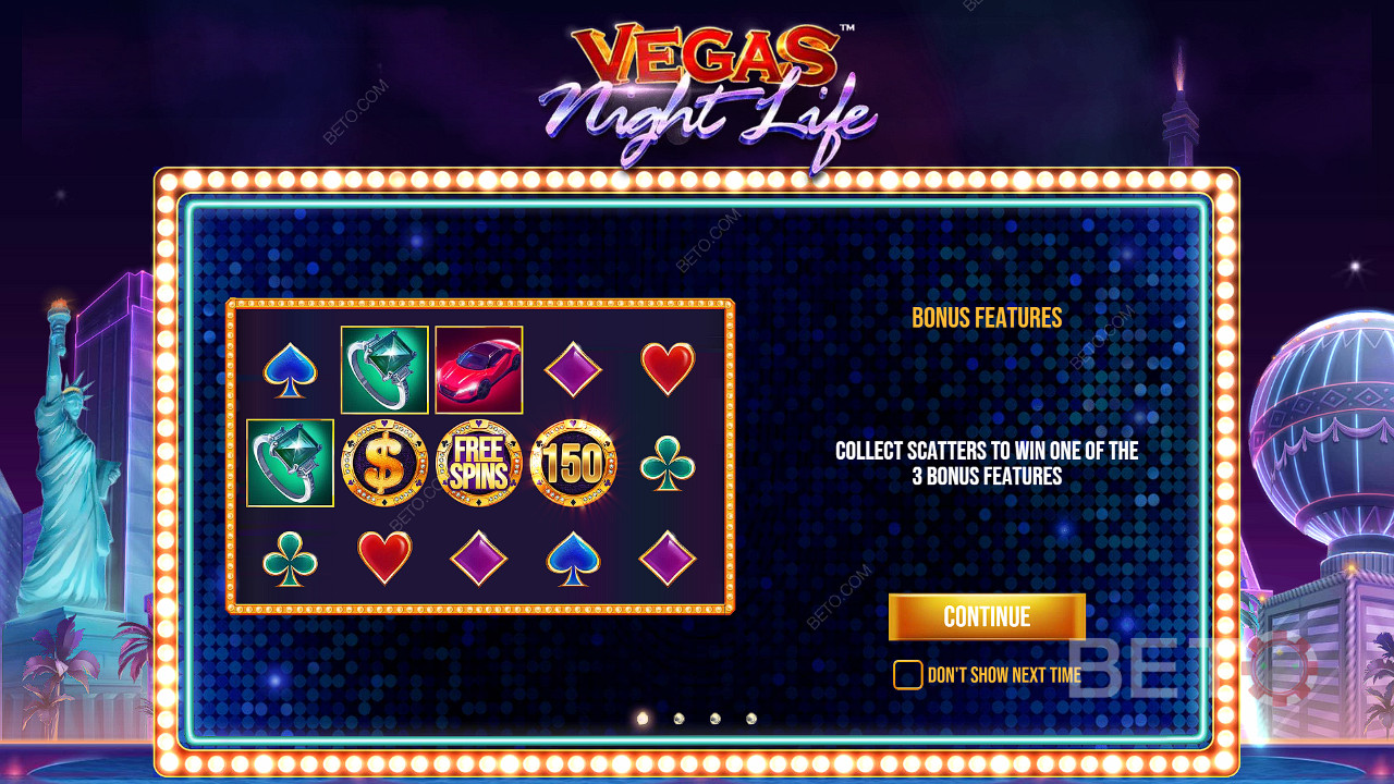 3 Scatters vil gi deg en av bonusene i Vegas Night Life-sporet