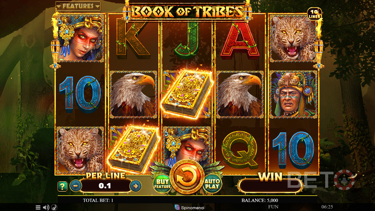 3 Scatter Wilds gir deg gratisspinn i Book of Tribes-spilleautomaten.