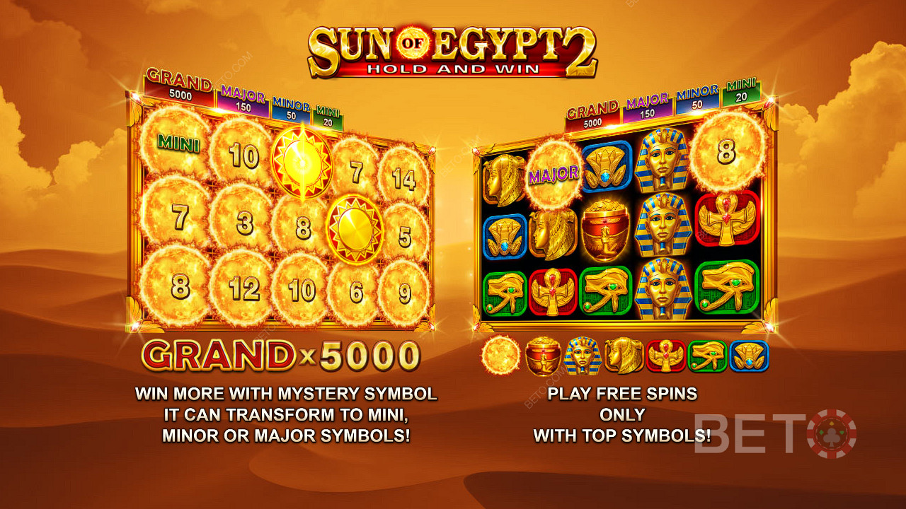 Nyt jackpotter verdt opptil 5 000 ganger innsatsen din og gratisspinn i spilleautomaten Sun of Egypt 2.