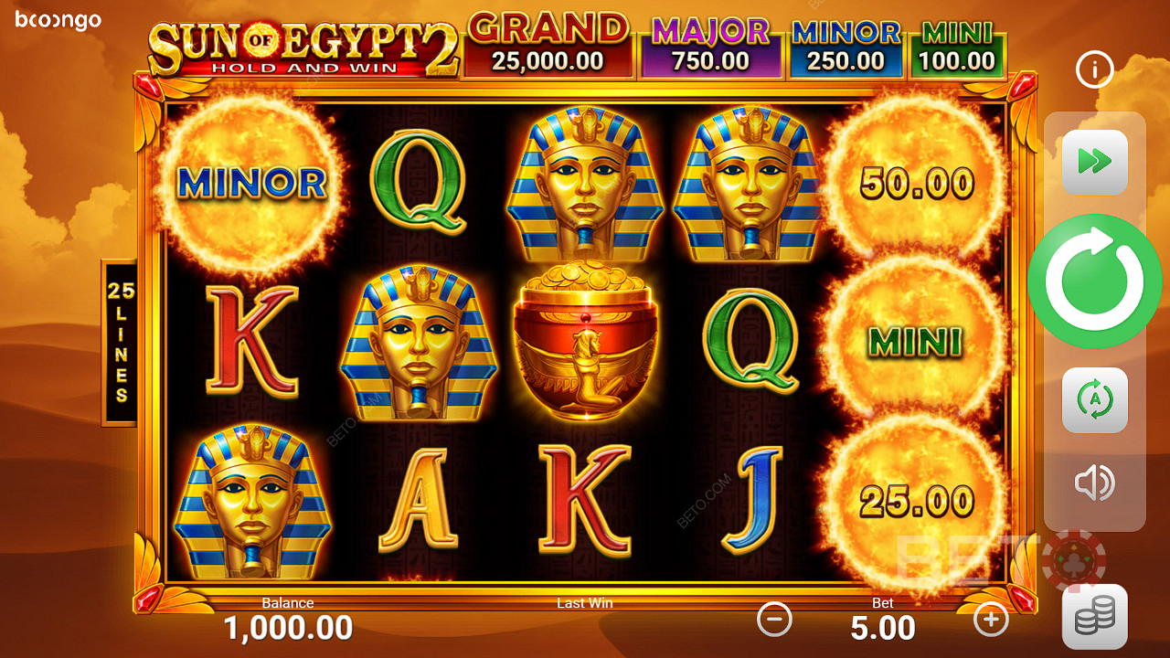 Seks eller flere bonussymboler utløser bonusspillet i spilleautomaten Sun of Egypt 2.