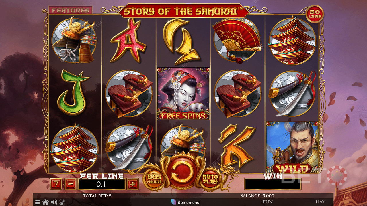 Du kan klikke på Kjøp-funksjonen for å kjøpe gratisspinn i spilleautomaten Story of The Samurai.
