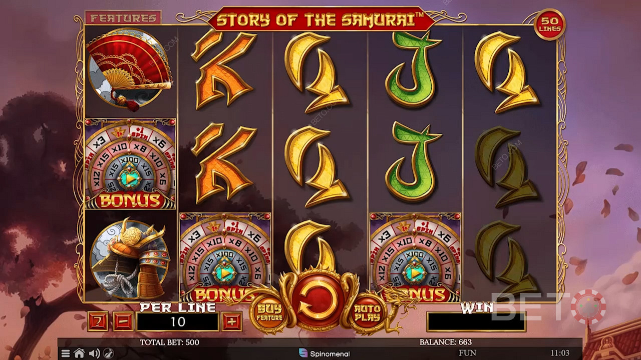 3 eller flere bonussymboler utløser bonusspillet i spilleautomaten Story of The Samurai.