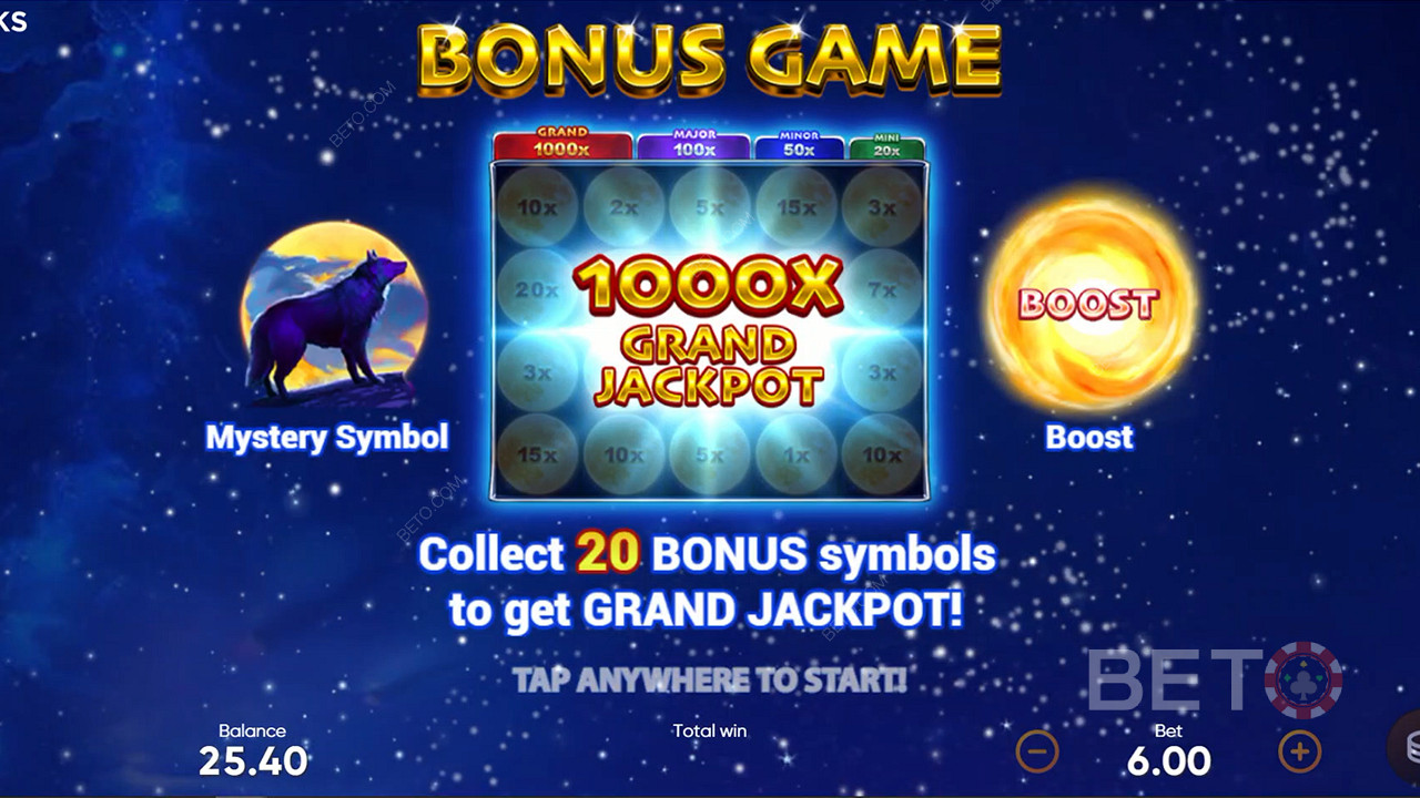 Samle 20 bonussymboler i bonusspillet for å låse opp Grand Jackpot