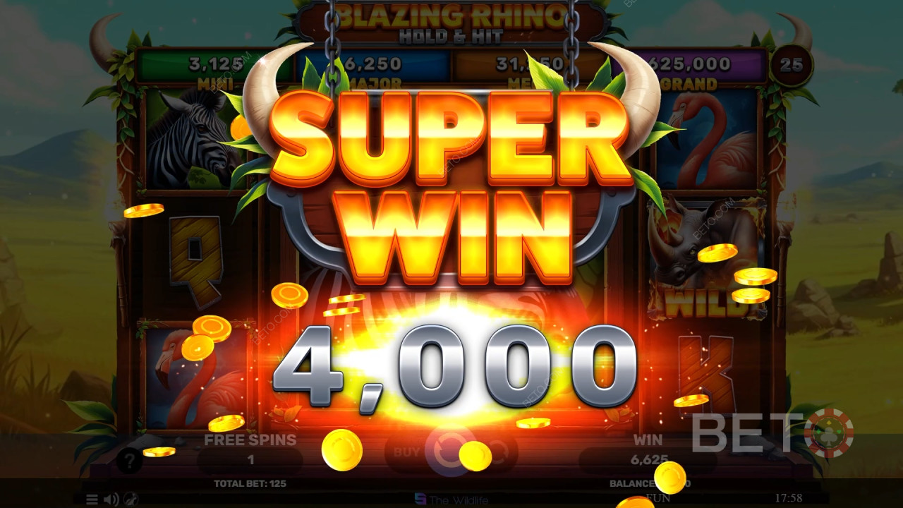 Vinn 5000x innsatsen din i Blazing Rhino Hold & Hit Video Slot!