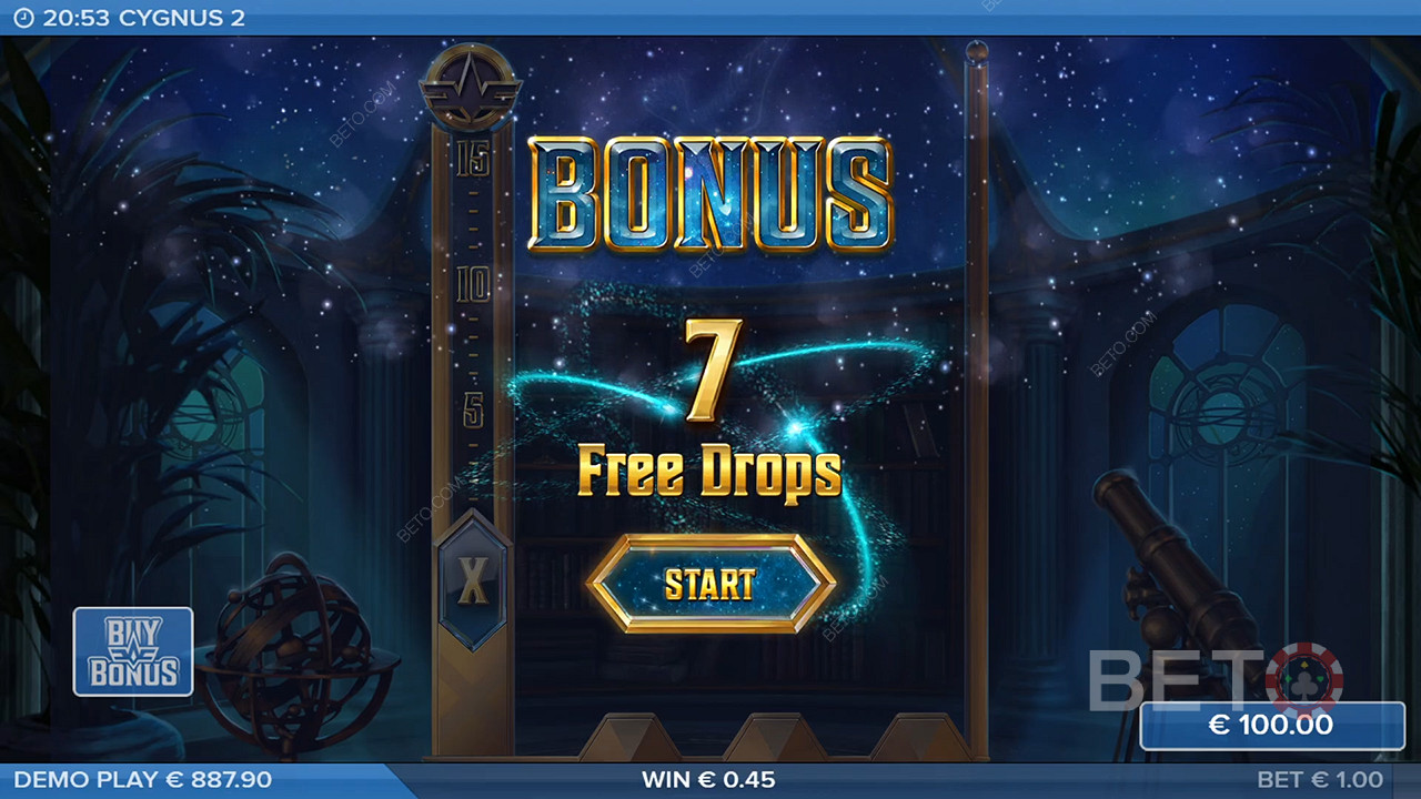 Du vil utløse 7 gratis dråper når et bonussymbol lander på hjulet lengst til venstre