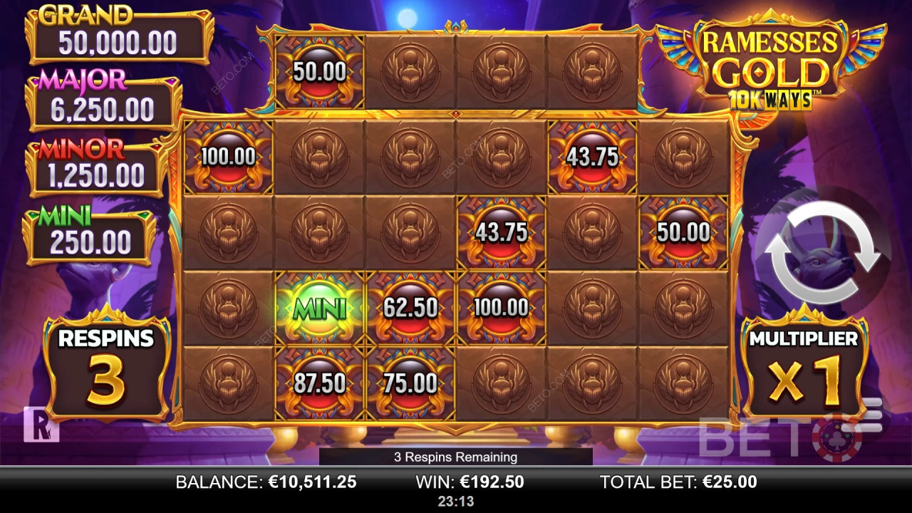 Vinn 9,065 ganger innsatsen din i Ramesses Gold 10K Ways spilleautomat!
