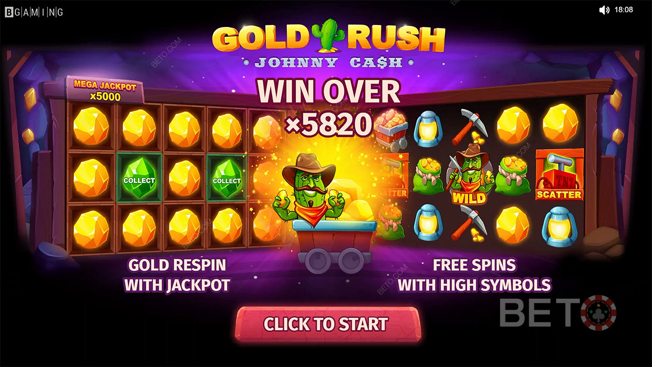 Nyt Respins og gratisspinn med høyt betalende symboler i Gold Rush With Johnny Cash spilleautomat