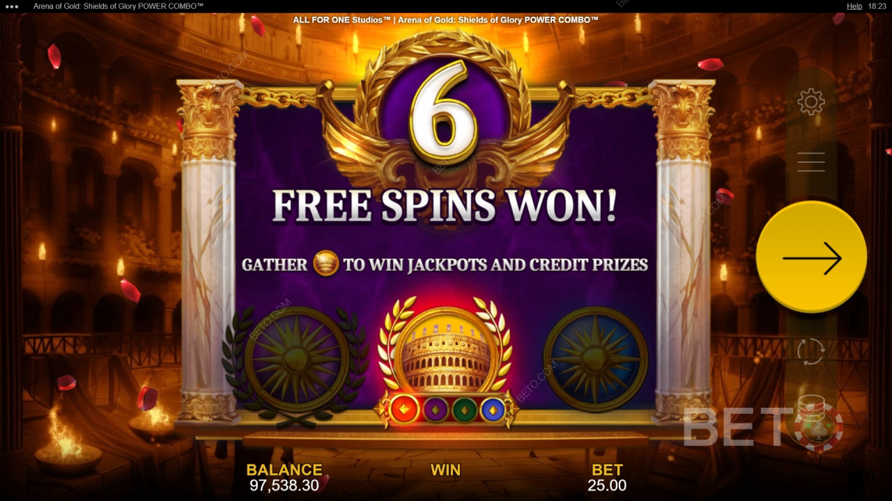 Bonusfunksjoner forklart i Arena of Gold: Shields of Glory Power Combo av All For One Studios
