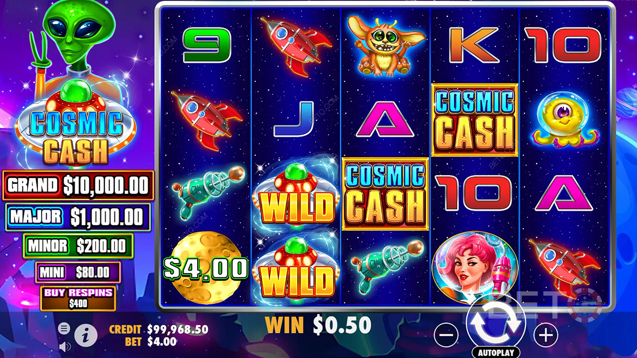 Det er mange Wild-symboler i basisspillet i Cosmic Cash casino slot