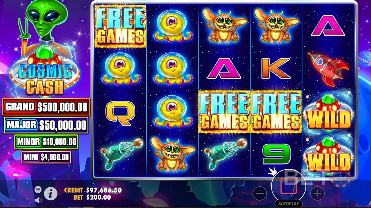 Land 3 eller flere Scatters for å utløse gratisspinn-funksjonen i Cosmic Cash-spilleautomaten