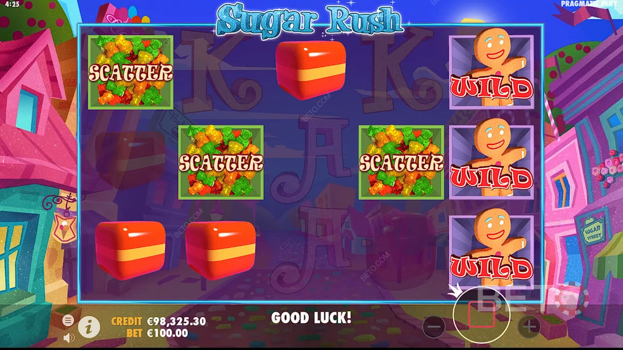 Gratisspinn aktiveres ved å lande minst 3 Scattere i spilleautomaten Sugar Rush.