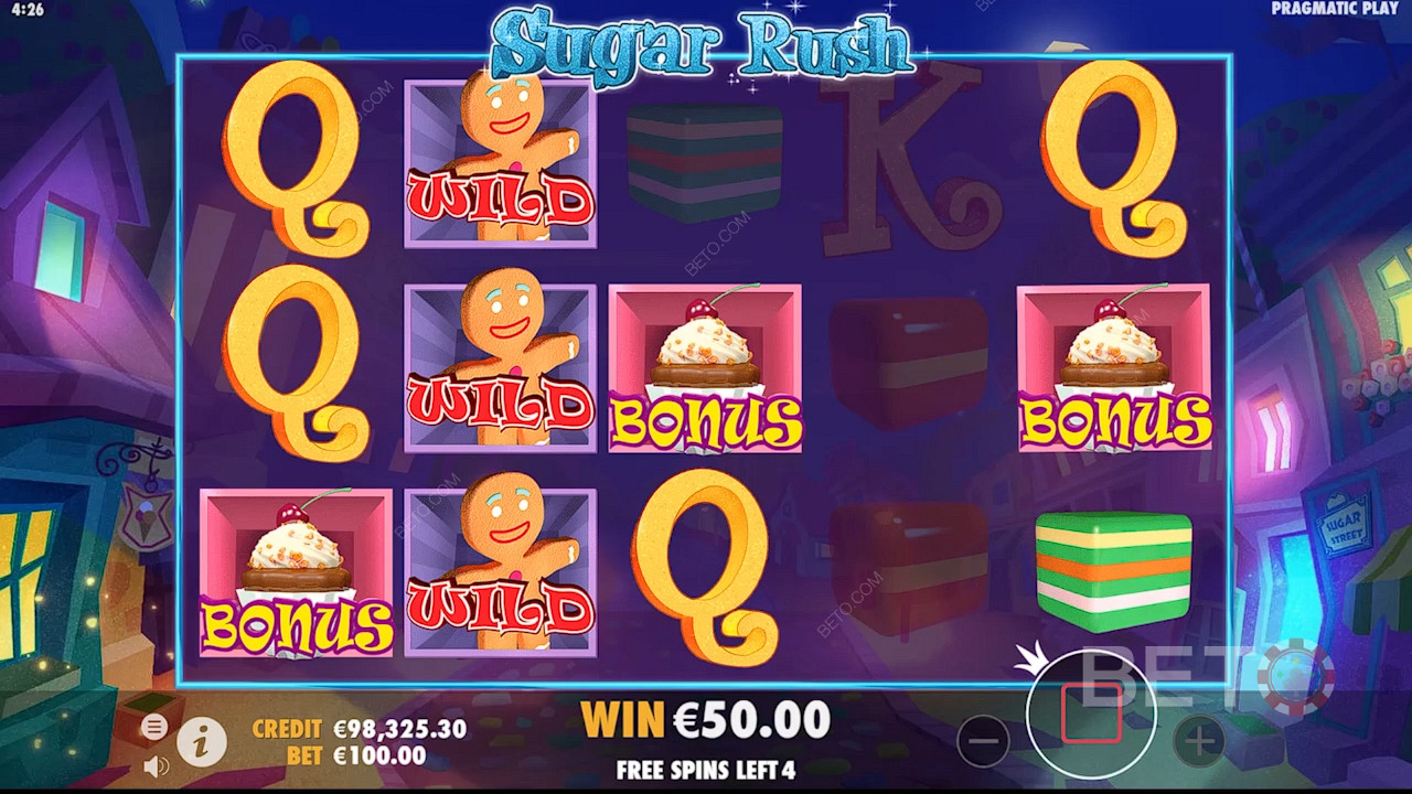 Spill Sugar Rush og få 3 eller flere Cupcake-symboler for å utløse bonusspillet.