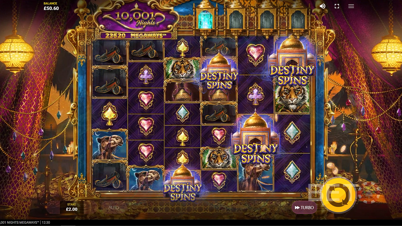 Minst 3 Destiny Spins-symboler utløser gratisspinn i spilleautomaten 10001 Nights Megaways.