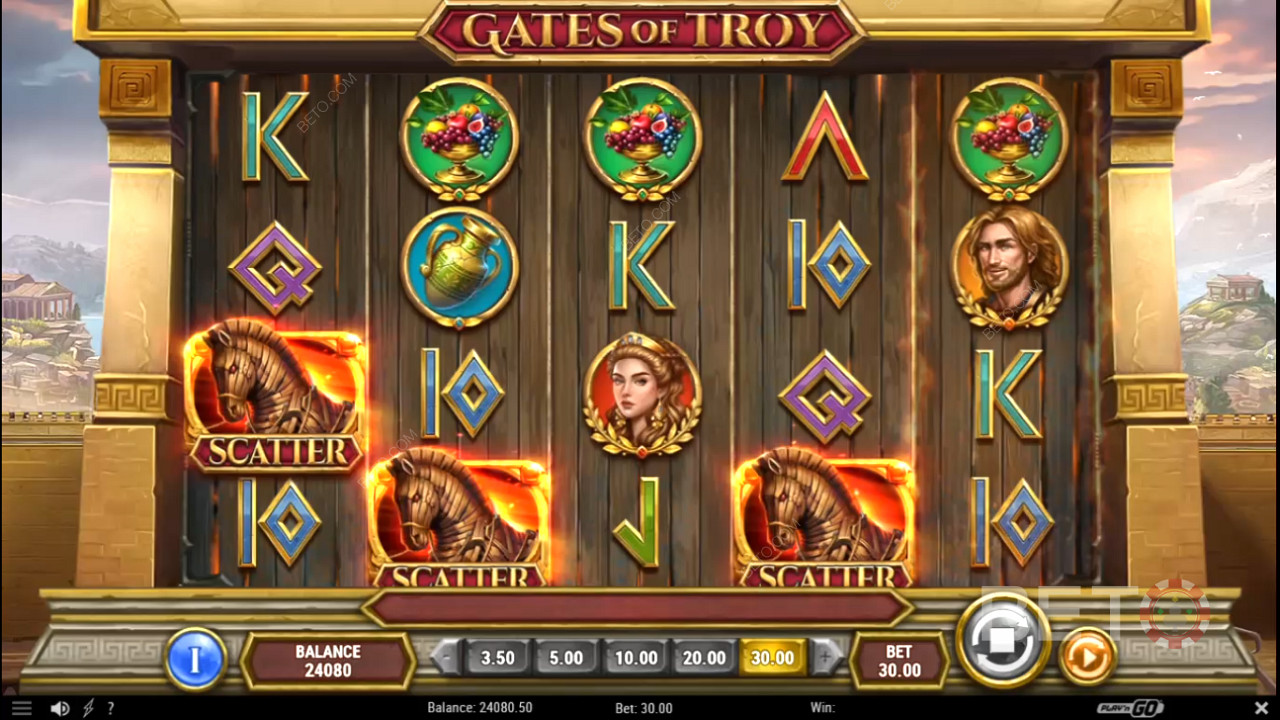 3 eller flere Scatters vil tildele gratisspinn i Gates of Troy kasinospill