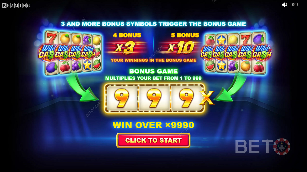 Nyt en maksimal gevinst på 9,990 ganger innsatsen din i spilleautomaten Wild Cash x9990
