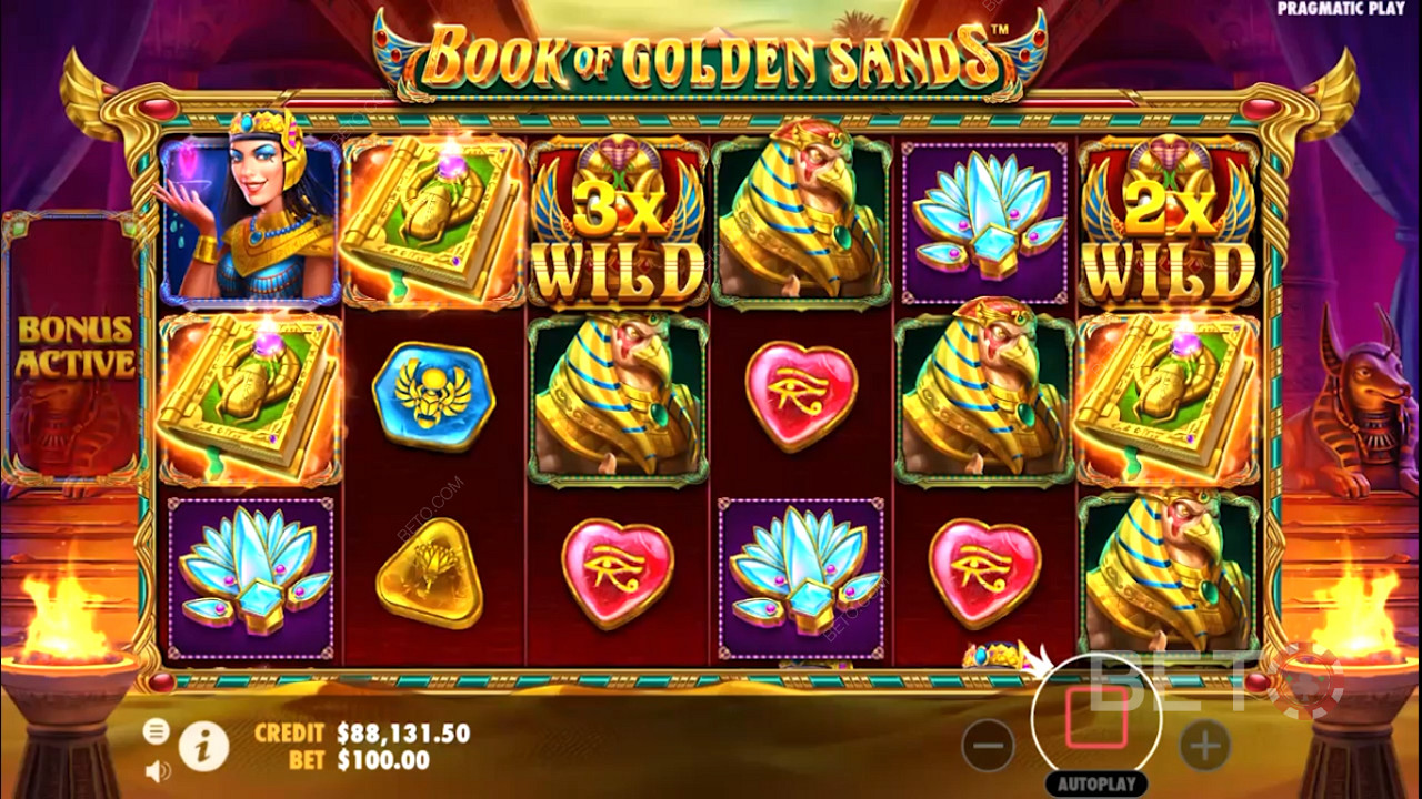Multiplikator Wilds vises i Book of Golden Sands online spilleautomat