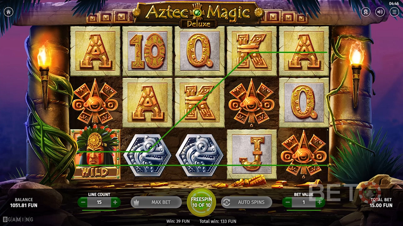 Aztec Warrior Wild vil bidra til å skape gevinster i Aztec Magic Deluxe-kasinospillet.