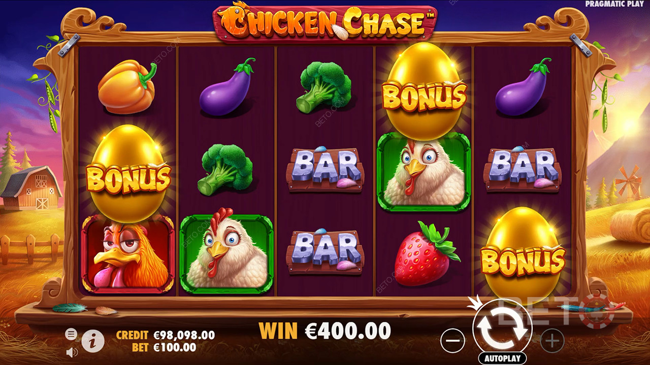 Vinn 210x innsatsen din i Chicken Chase spilleautomat!