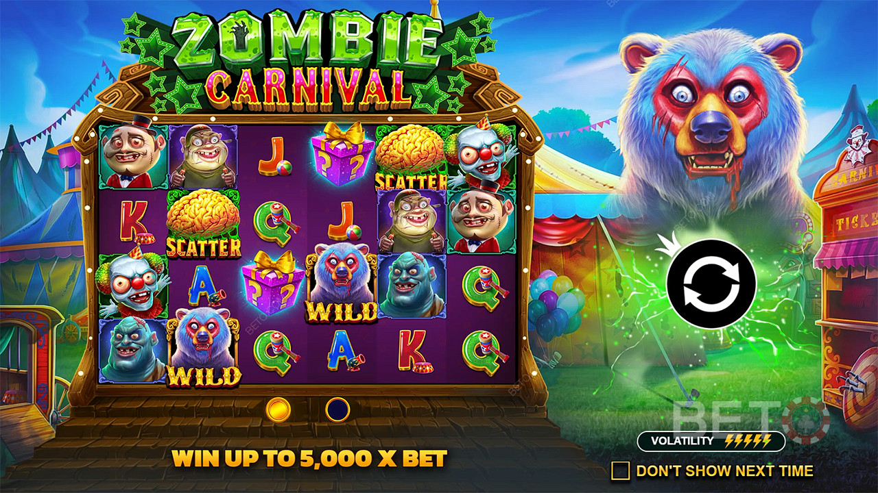 Vinn så mye som 5 000 ganger innsatsen din i spilleautomaten Zombie Carnival.