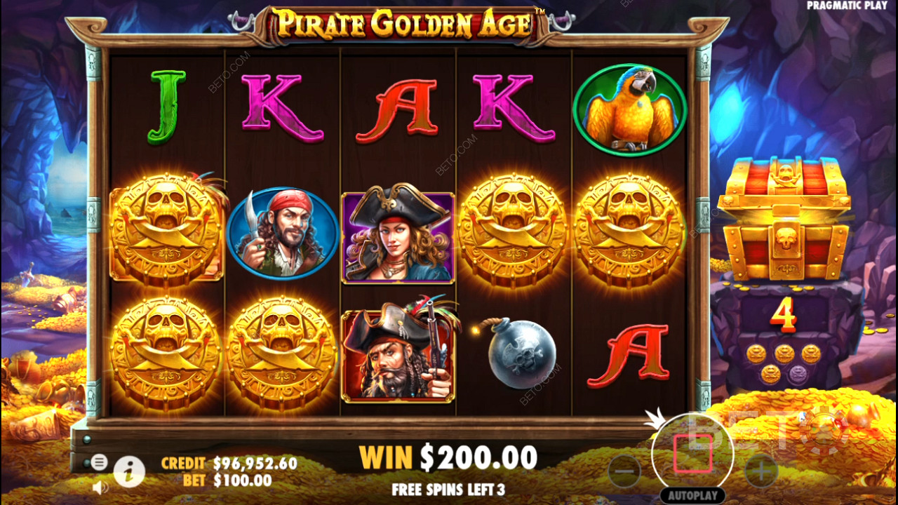 Mysteriesymboler dukker ofte opp i gratisspinnene i Pirate Golden Age-spilleautomaten.