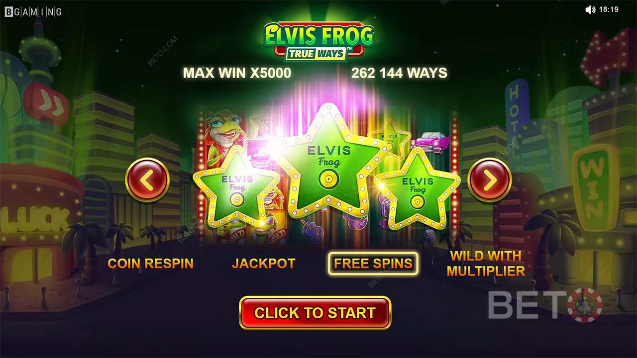 Free Spins, Multiplier Wilds og flere funksjoner er tilgjengelige i Elvis Frog TrueWays-spilleautomaten.